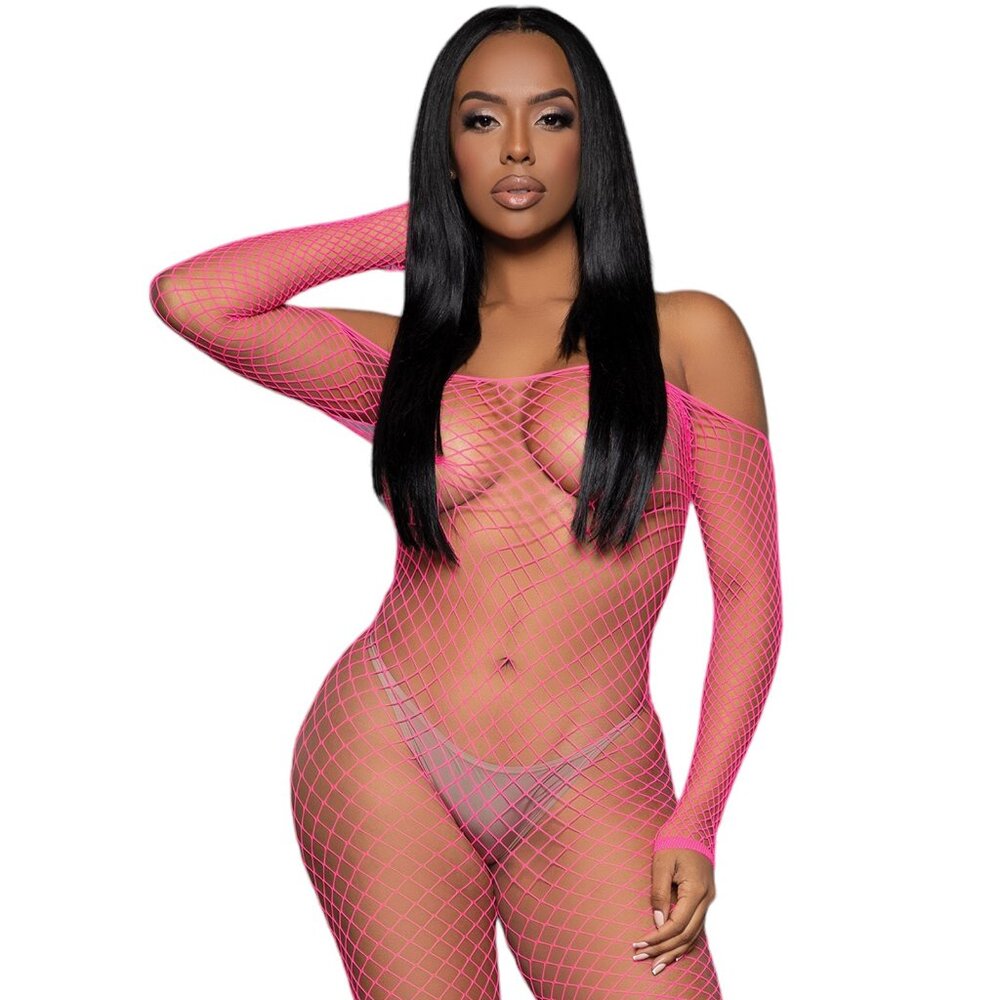 Off the Shoulder Long Sleeve Fishnet Bodystocking - Hot Pink